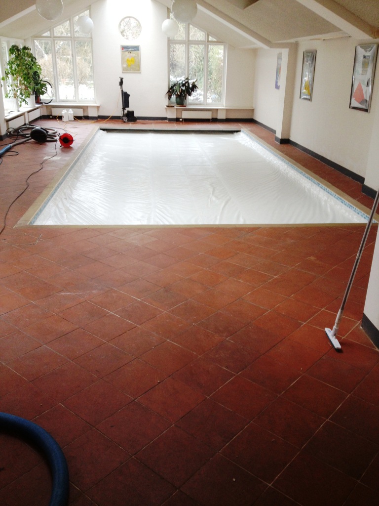 Quarry Tiled Pool Surround Cambridge Before Cleaning