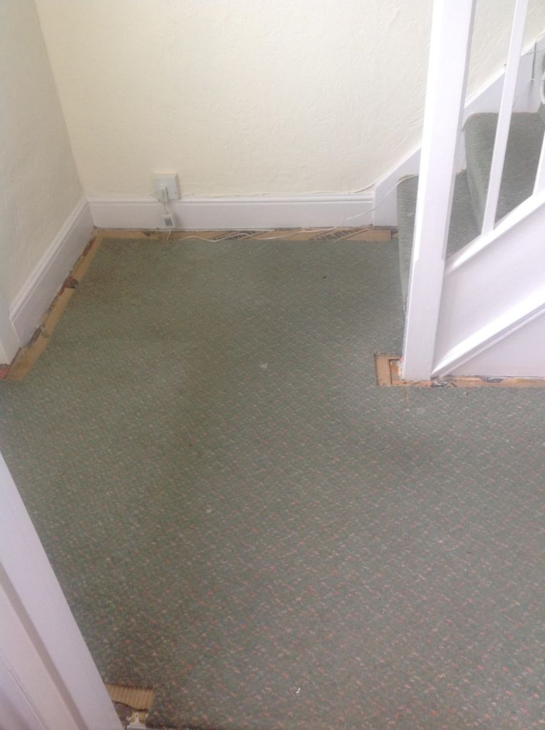Edwardian Tiled Hallway Covered in Carpet and Before Restoration in Chippenham