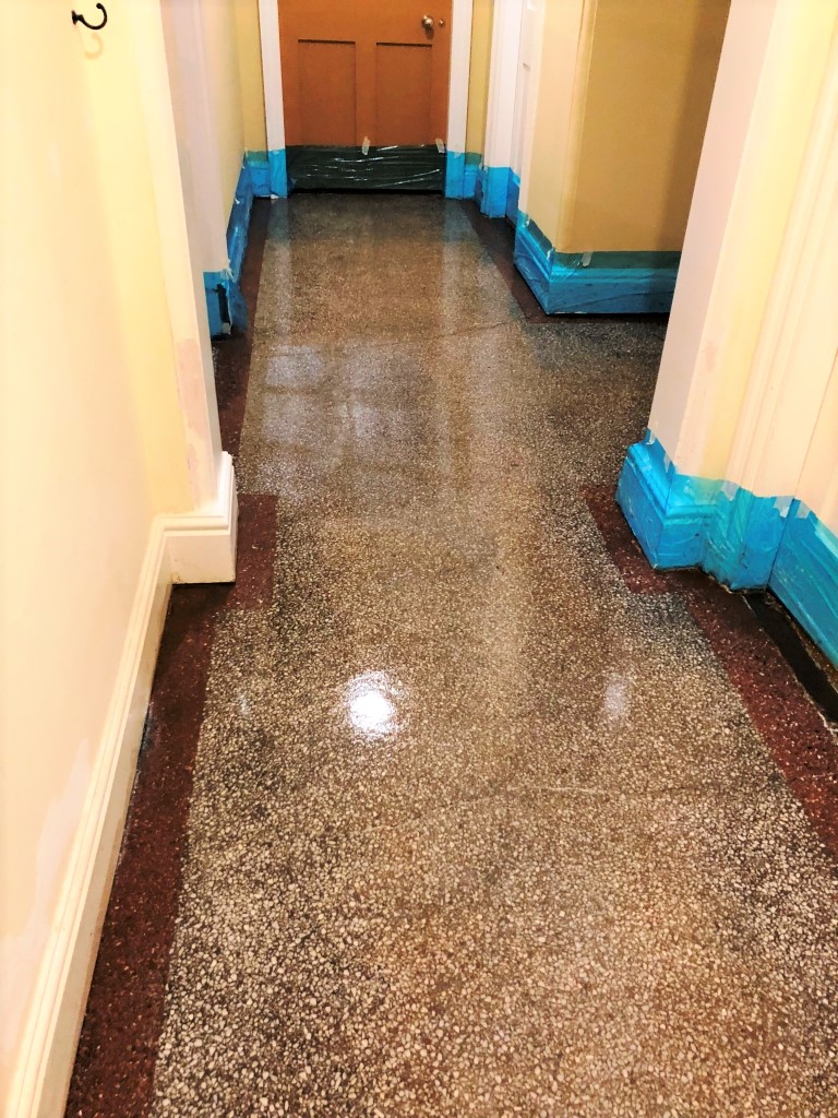 Removing Carpet Glue And Polishing A Terrazzo Hallway Floor In 