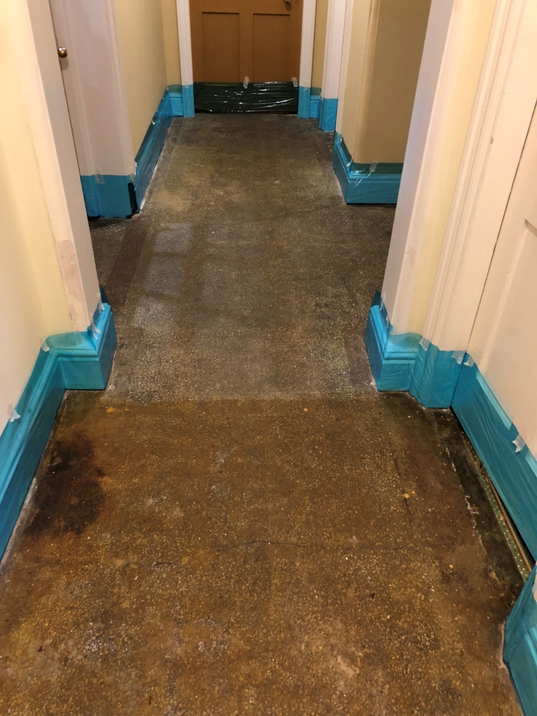 Adhesive Covered Victorian Terrazzo Hallway Before Cleaning Newmarket