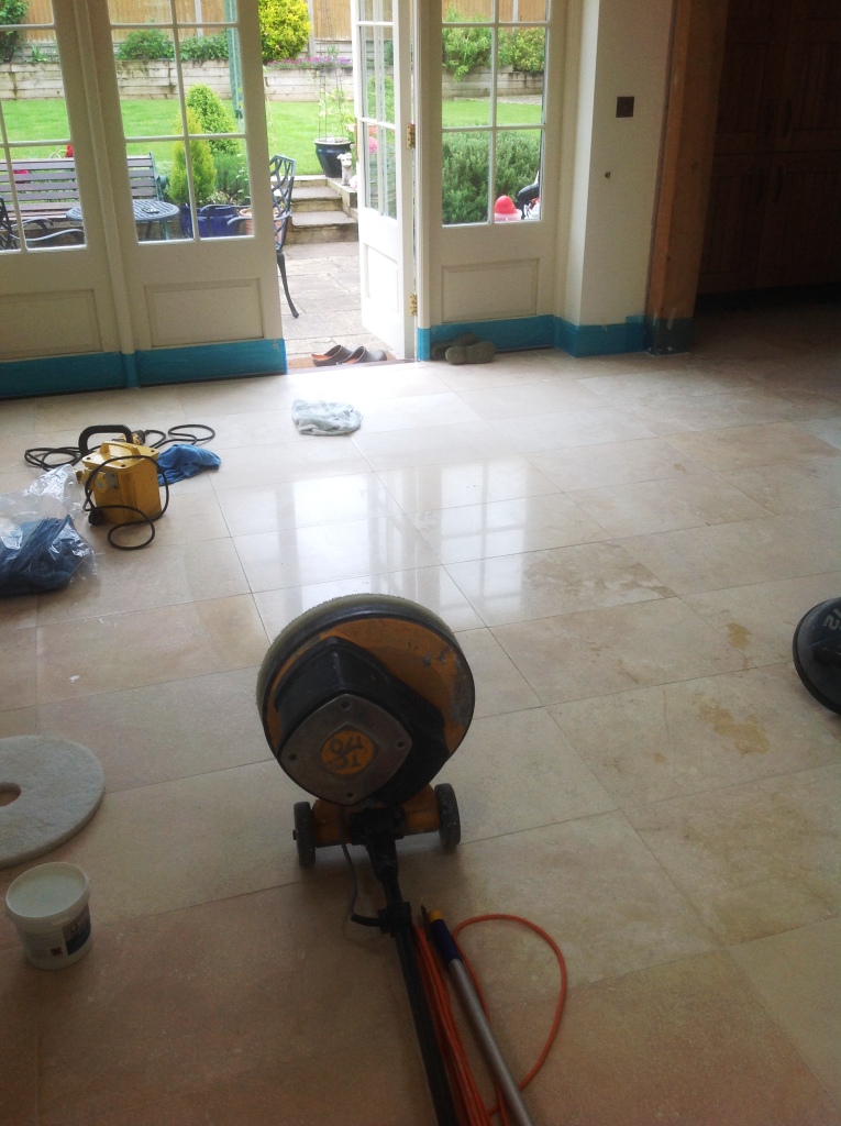 Travertine floor during polishing in Great Wilbraham Cambridge