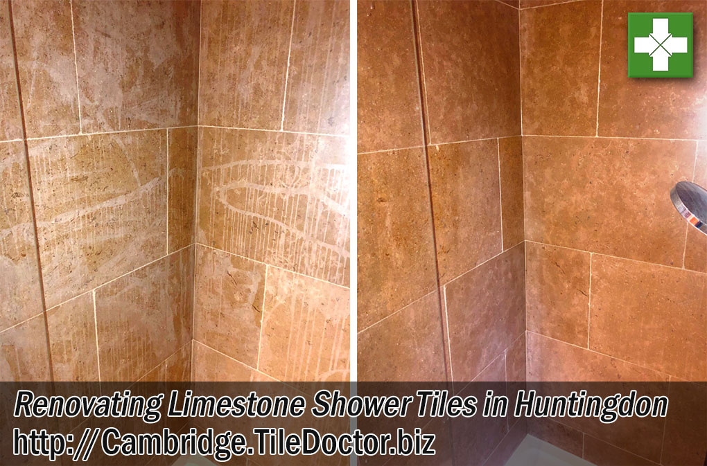 Acid Damaged Limestone Shower Tiles Before After Renovation Huntingdon